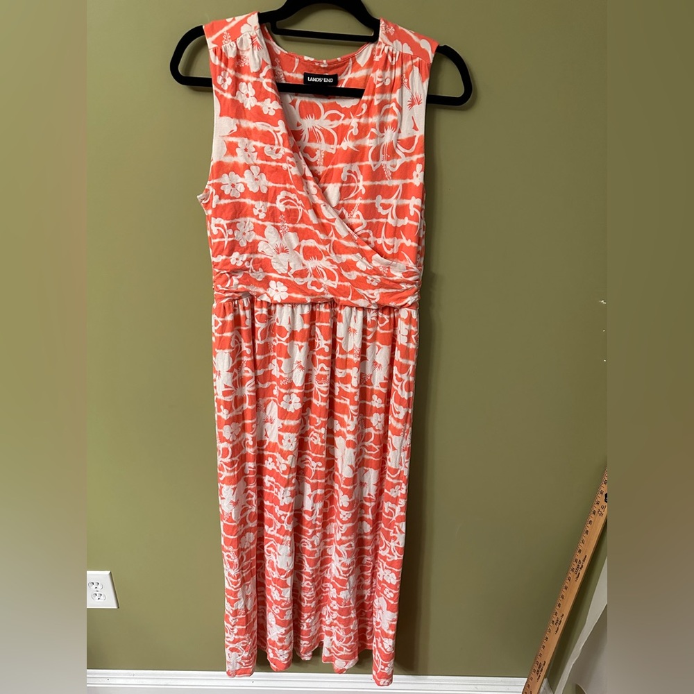 Land’s End Cotton Sleeveless Floral Orange and‎ White Maxi Dress Sz L Tropical